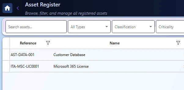 Asset Register with classification, criticality, and stock-take controls
