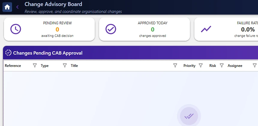 Change Advisory Board with pending approvals, conflict alerts, and blackout windows