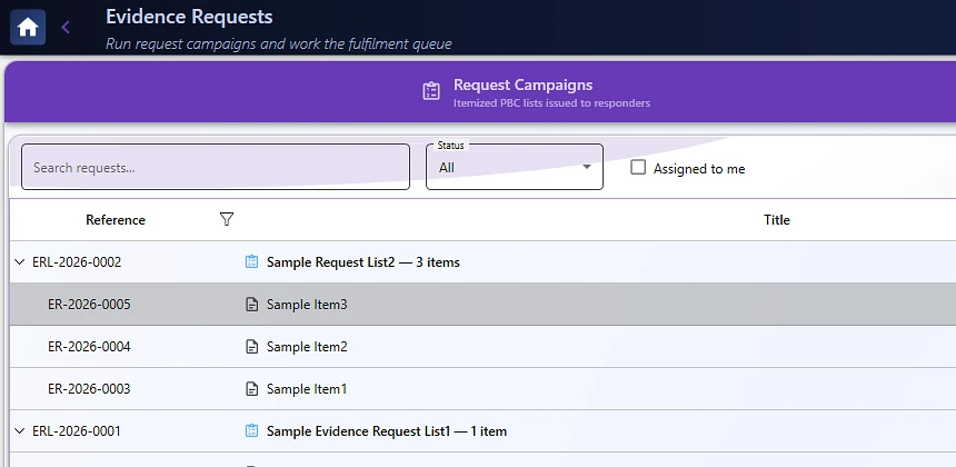 Evidence Requests screen with request campaigns and a fulfilment work queue