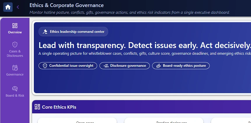 Ethics and Corporate Governance dashboard with cases, disclosures, and culture score
