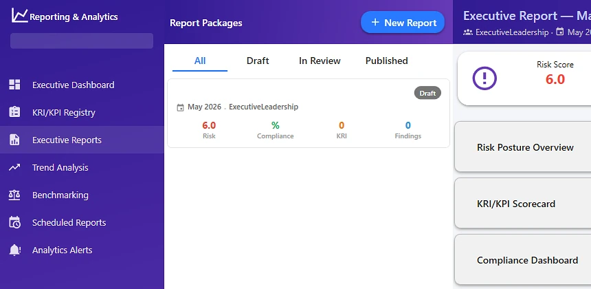 Executive report package with review, approval, and publish workflow