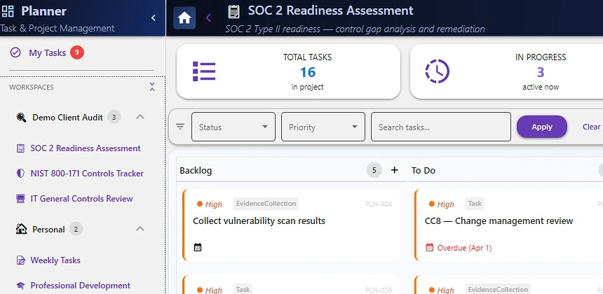 Planner Kanban board with GRC-linked tasks across Backlog, To Do, In Progress, Review and Done