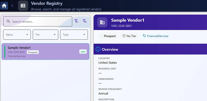 Vendor Registry with risk scores, tiers, and review cadence